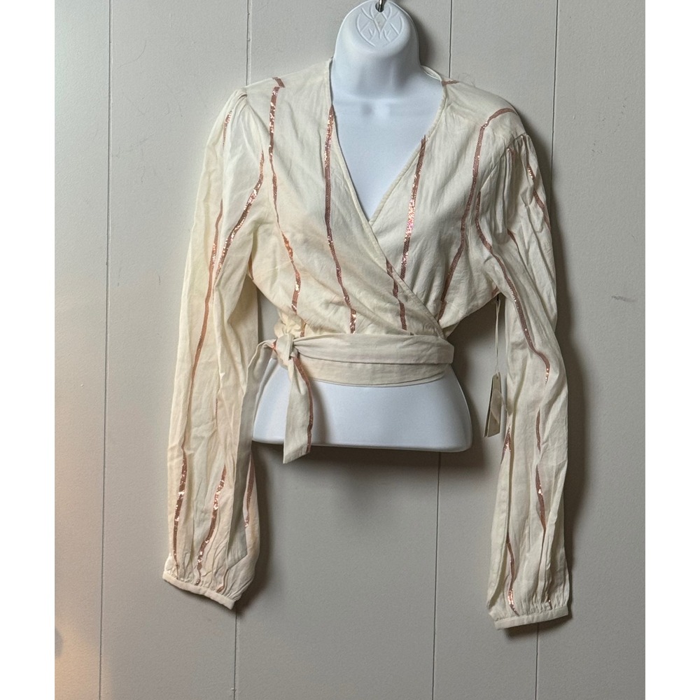 NWT Tularosa Womens Cream Rose Gold Metallic Striped Wrap Top Long Sleeve Size L